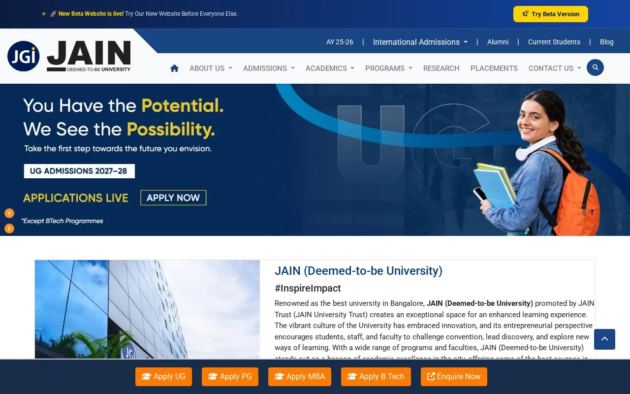 Jain University homepage screenshot