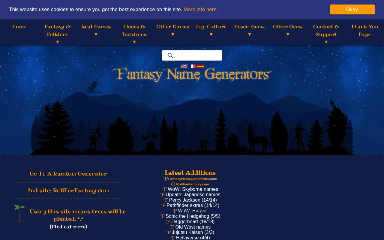 Fantasy Name Generators homepage screenshot