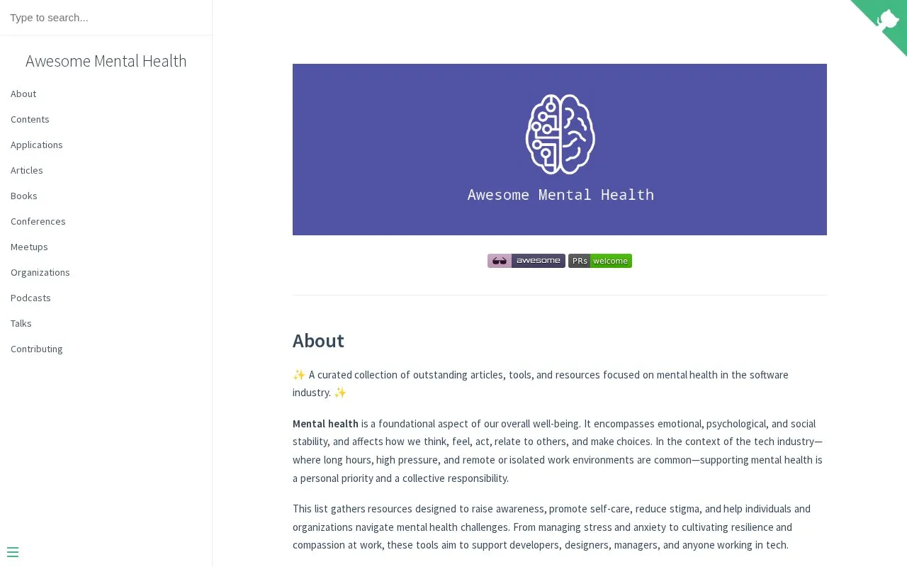 Awesome Mental Health homepage screenshot