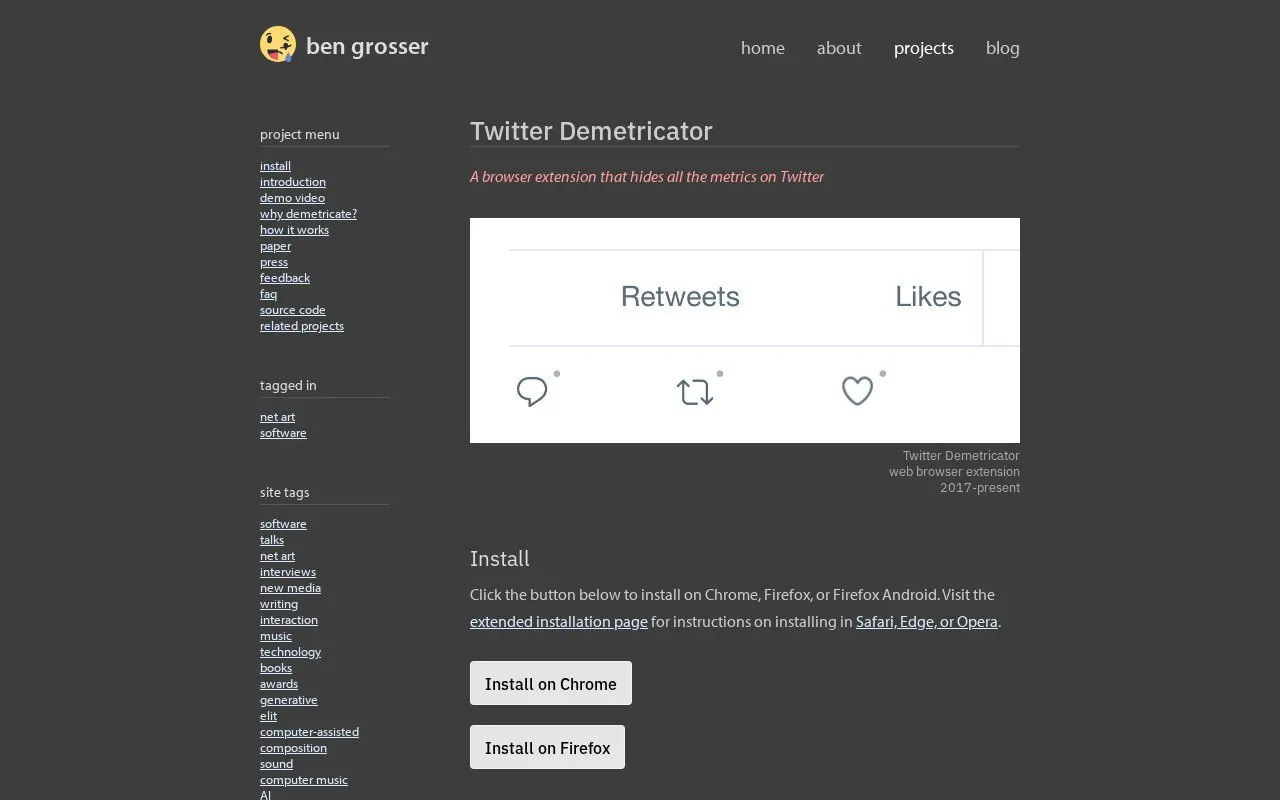 Twitter Demetricator homepage screenshot