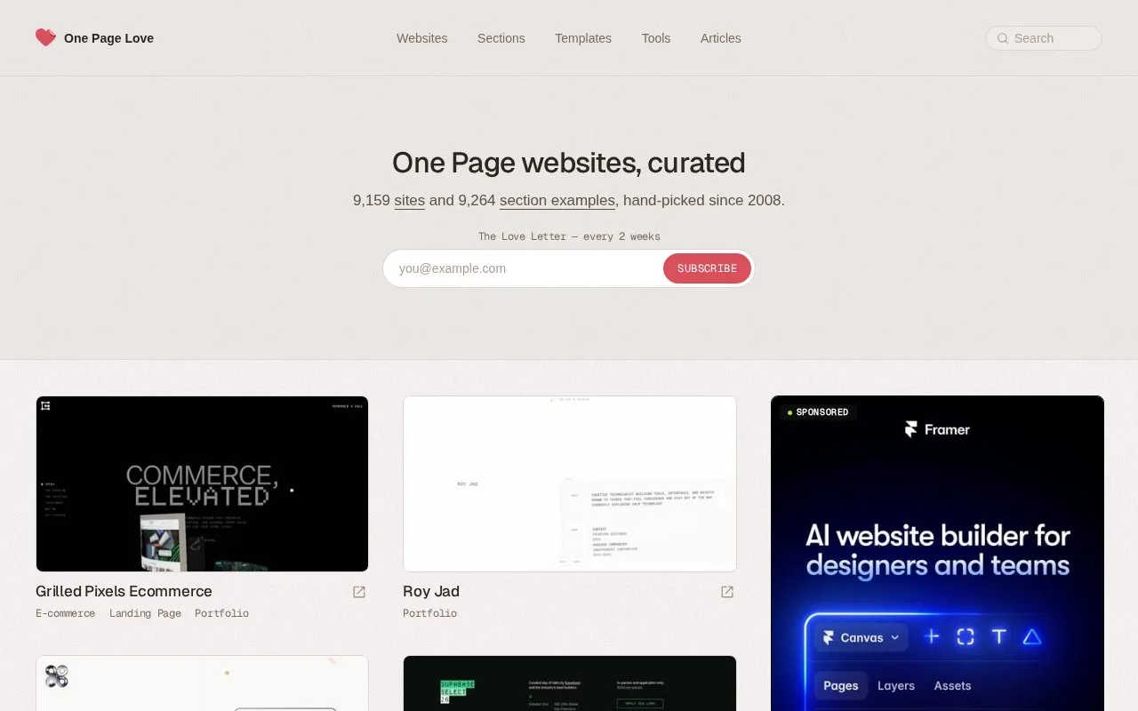 One Page Love homepage screenshot