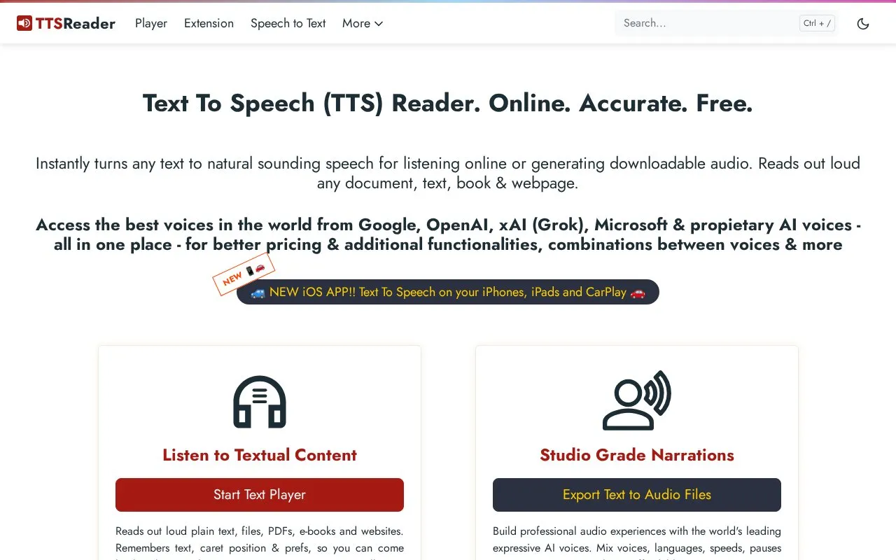 TTSReader homepage screenshot