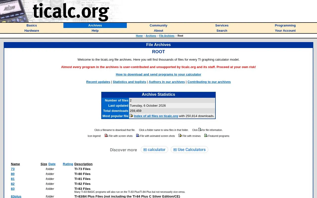 TICalc homepage screenshot