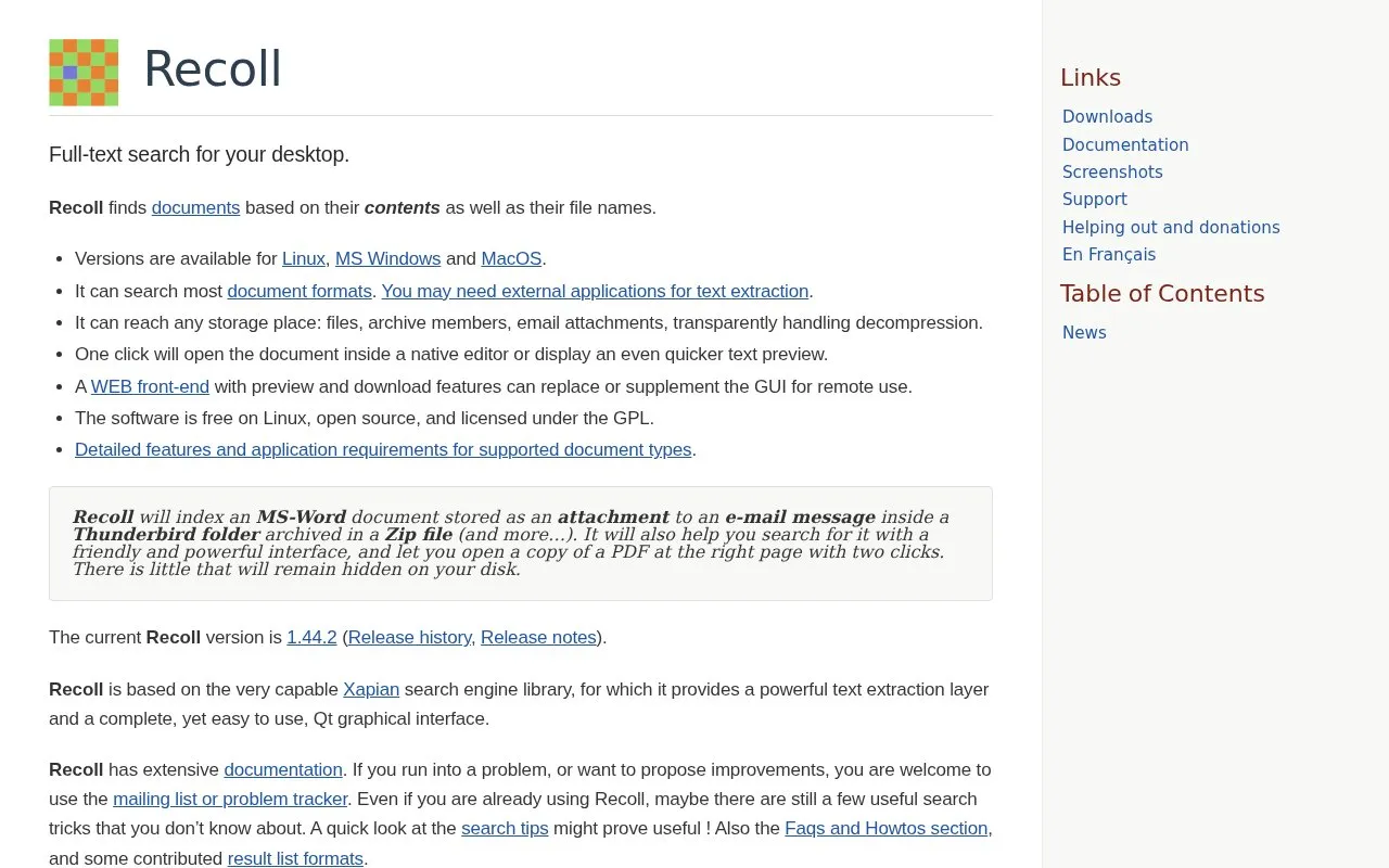 Recoll homepage screenshot