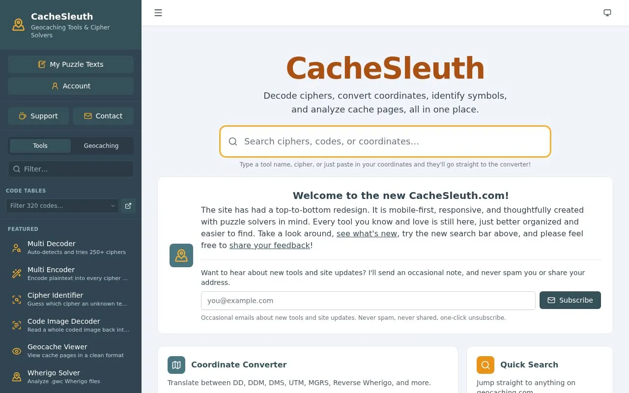CacheSleuth homepage screenshot