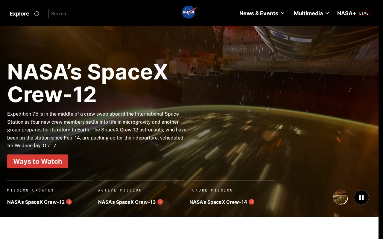 NASA homepage screenshot