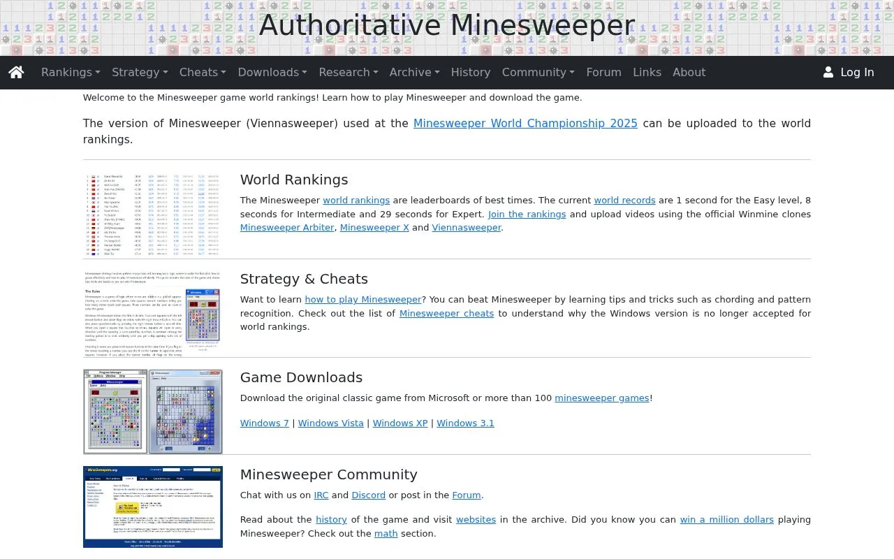 Authoritative Minesweeper homepage screenshot
