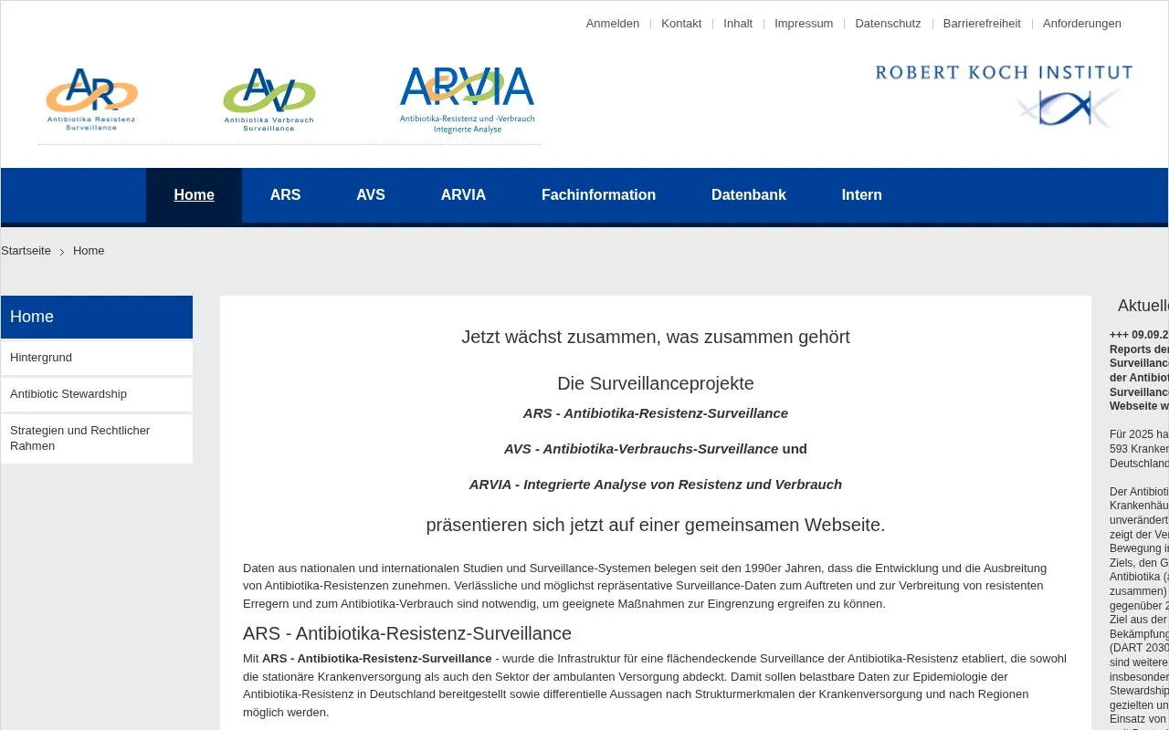 ARS homepage screenshot