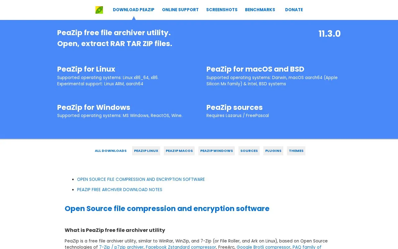 PeaZip homepage screenshot