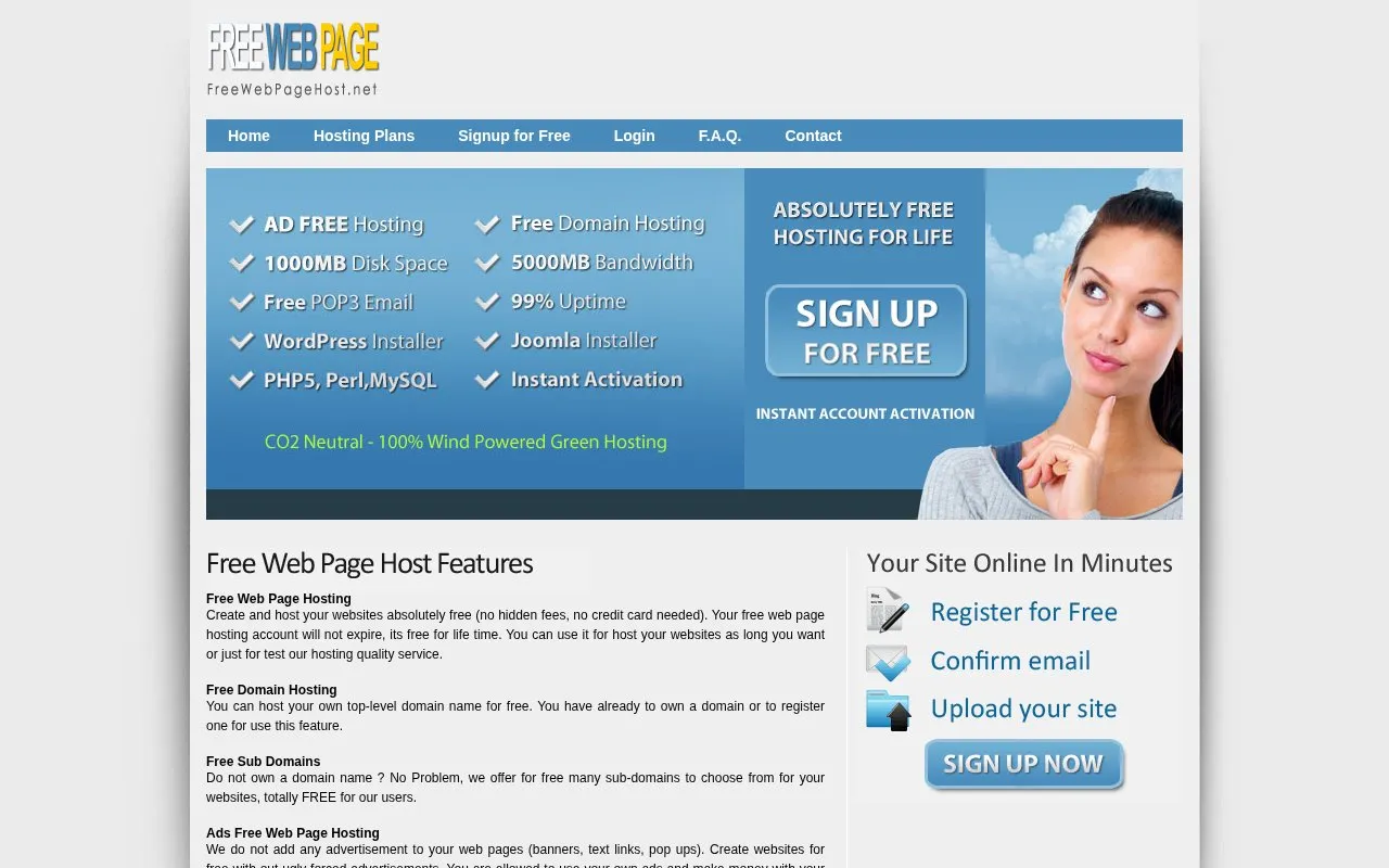 FreeWebPageHost.Net homepage screenshot