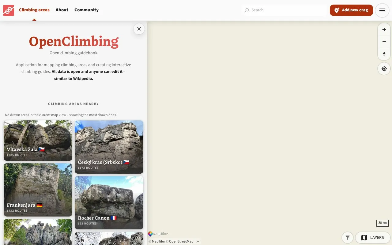 OpenClimbing homepage screenshot