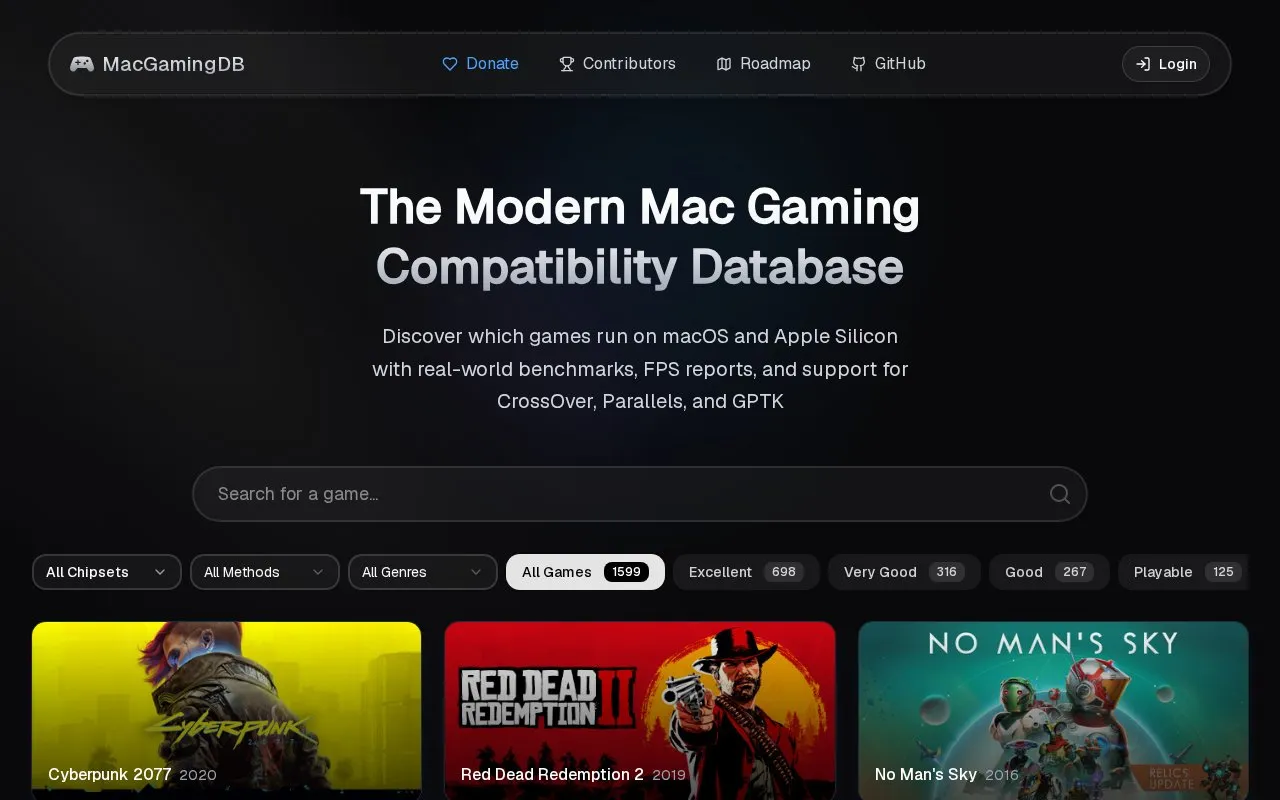 Mac Gaming DB homepage screenshot