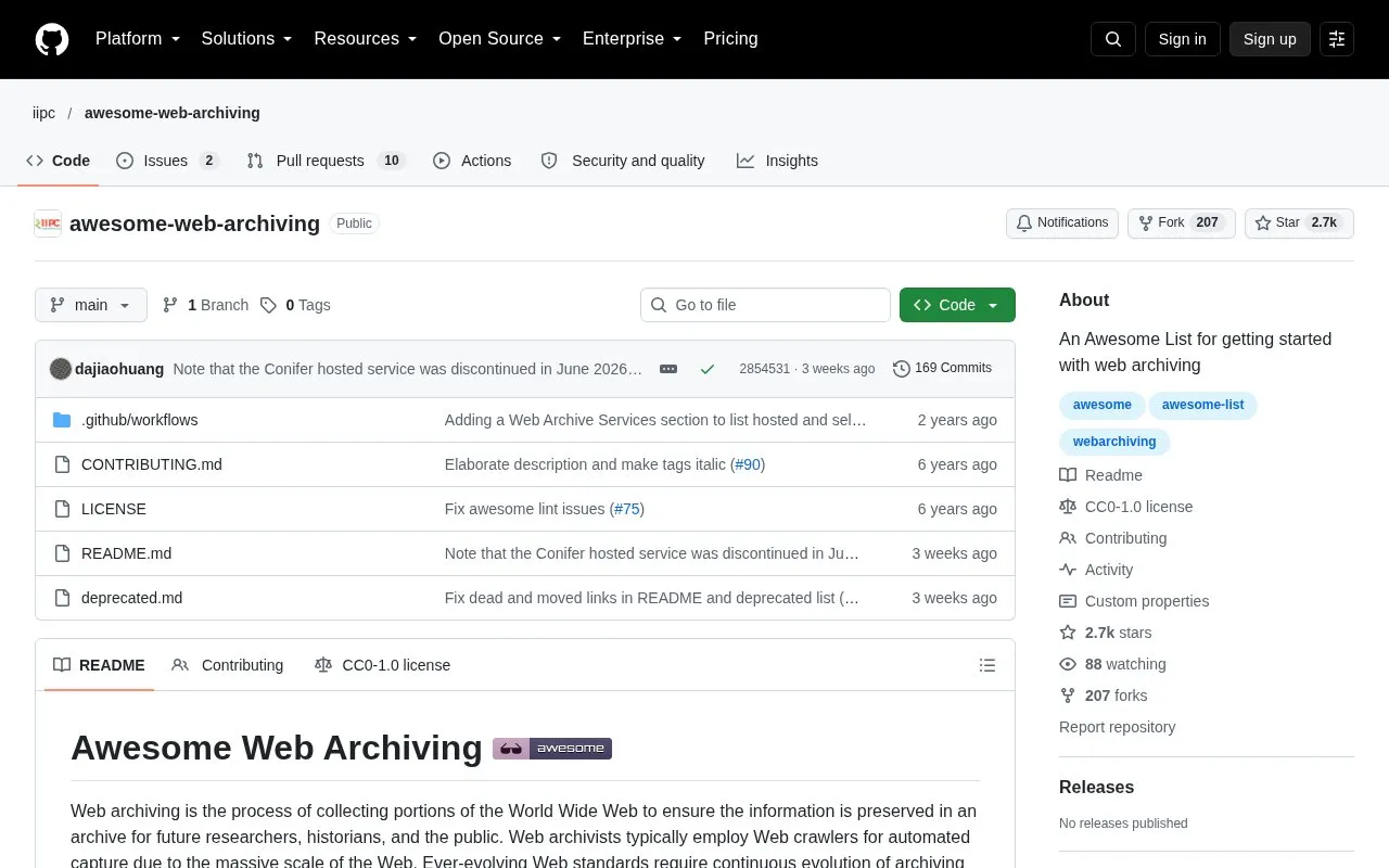 Awesome Web Archiving homepage screenshot