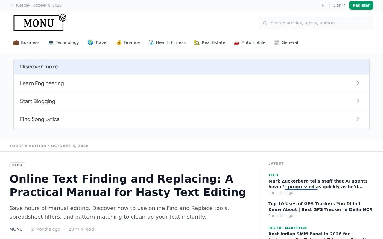 Monu homepage screenshot