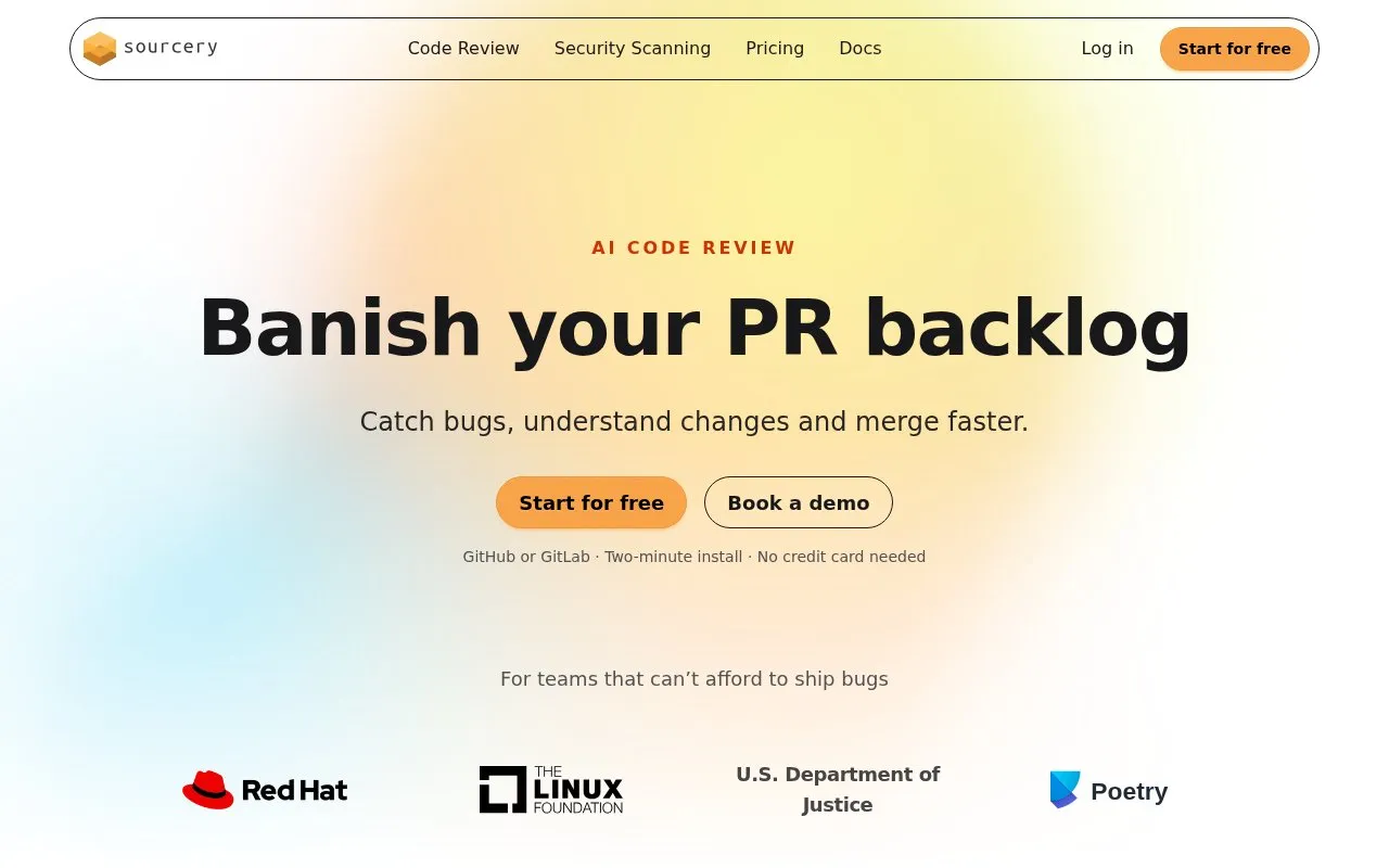 Sourcery homepage screenshot