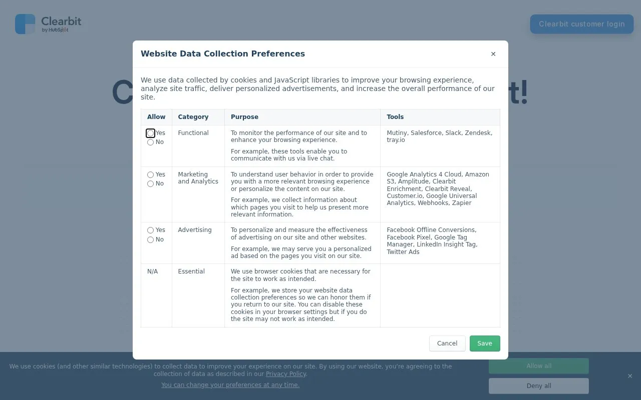 Clearbit homepage screenshot
