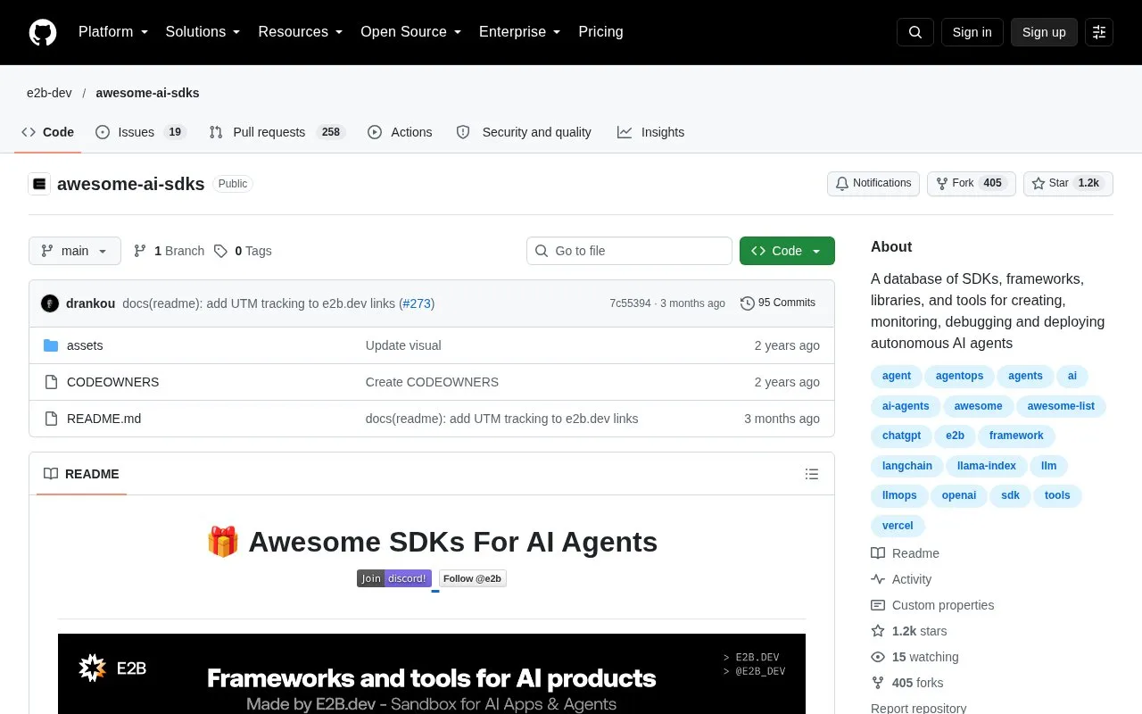 Awesome SDKs for AI Agents homepage screenshot