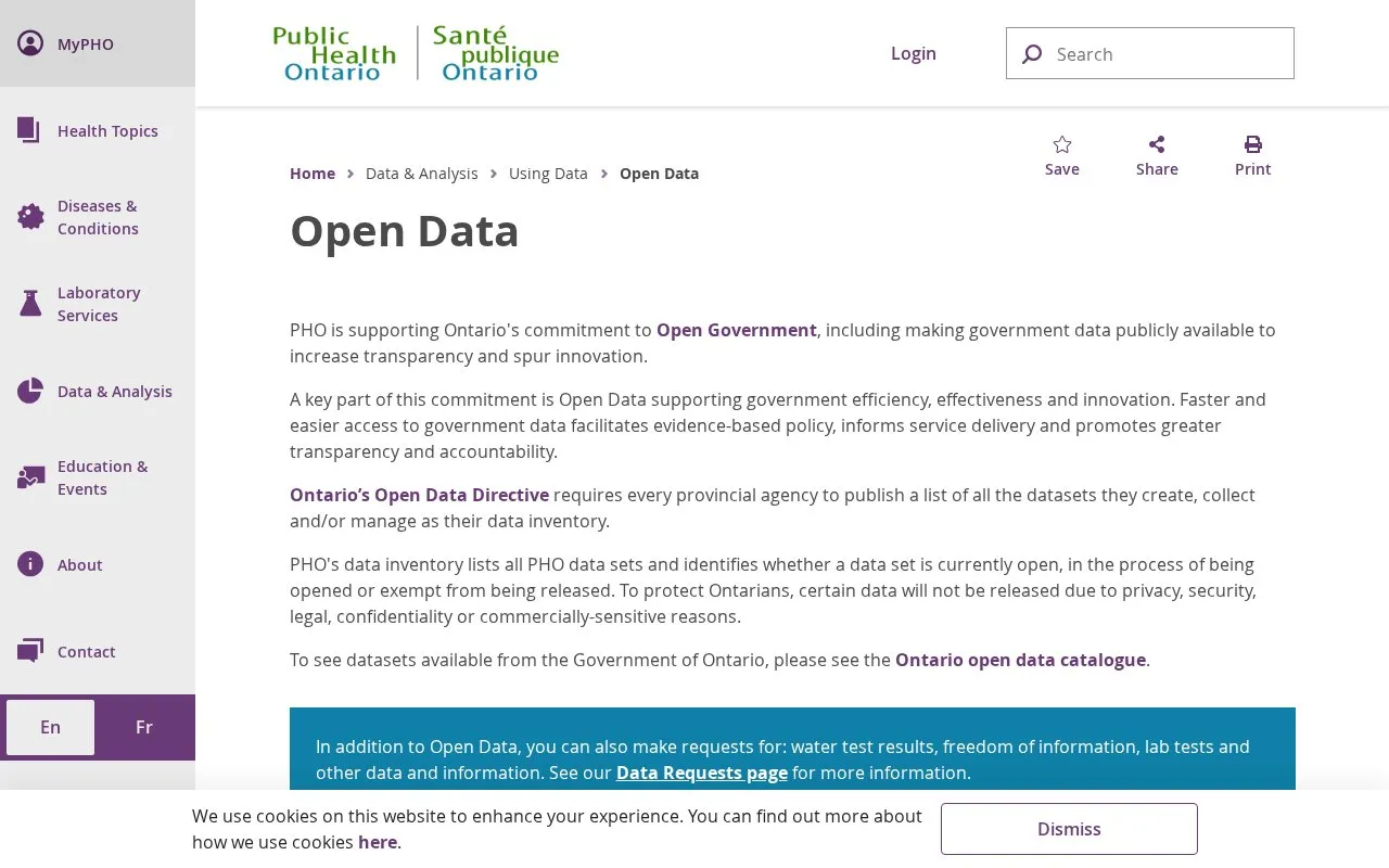 Public Health Ontario Open Data homepage screenshot