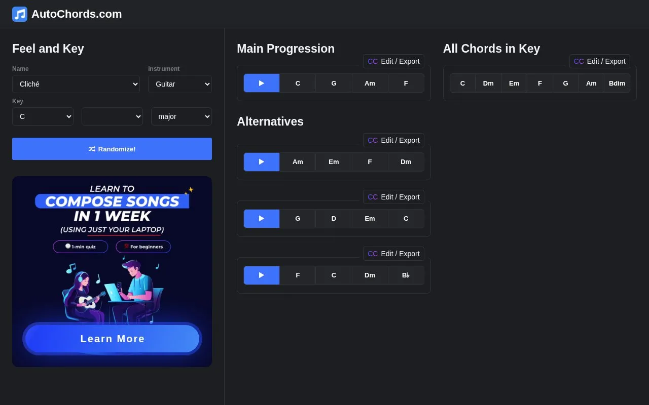 AutoChords homepage screenshot