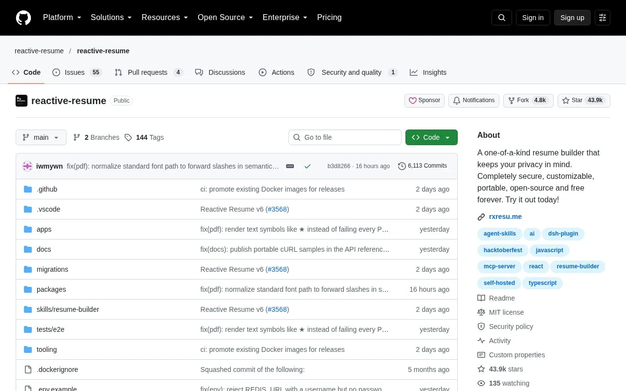Reactive Resume homepage screenshot