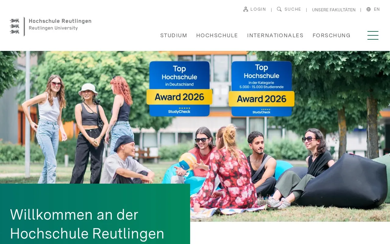 Hochschule Reutlingen homepage screenshot