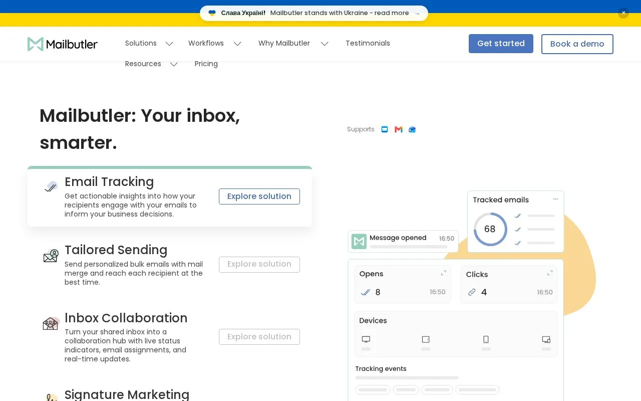 Mailbutler homepage screenshot