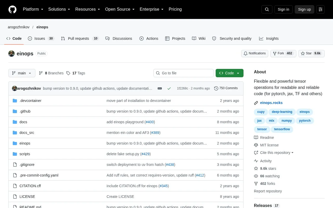 einops homepage screenshot