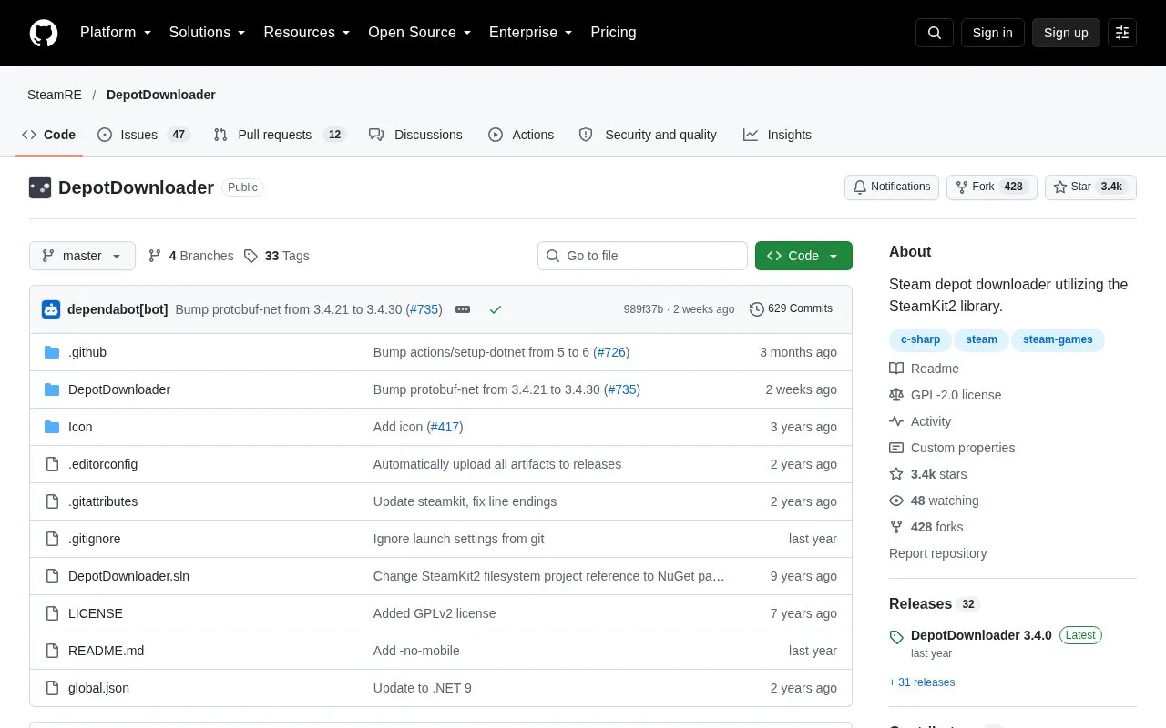 DepotDownloader homepage screenshot