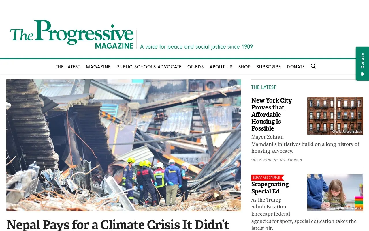 The Progressive homepage screenshot