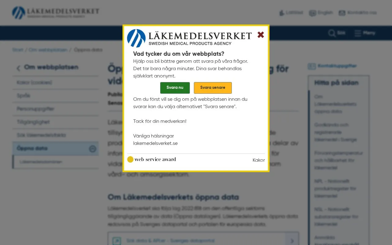open data of the Medical Products Agency homepage screenshot