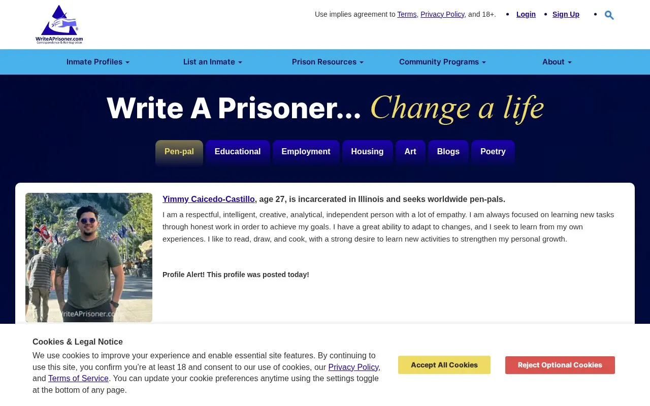 WriteAPrisoner homepage screenshot
