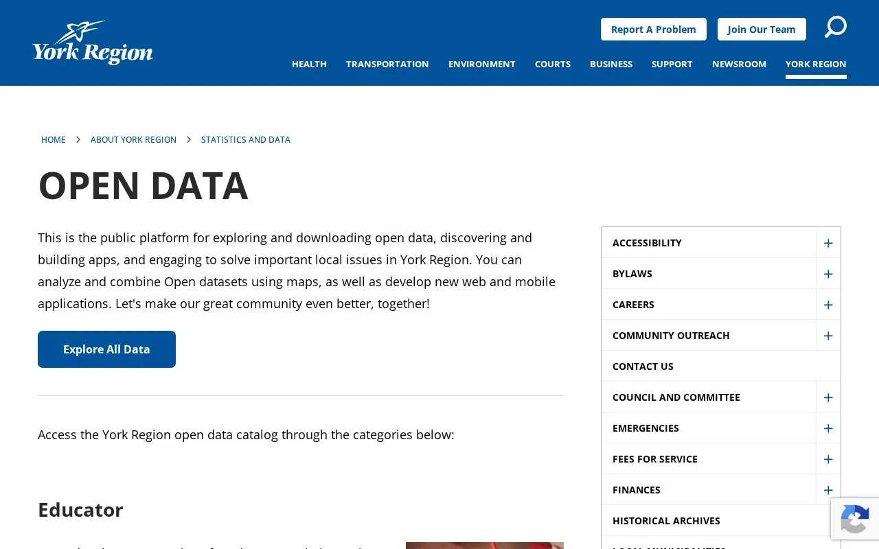 Region of York, Ontario homepage screenshot