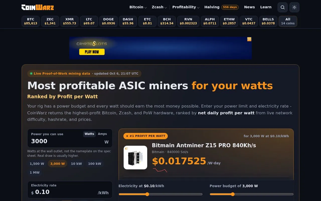 CoinWarz homepage screenshot