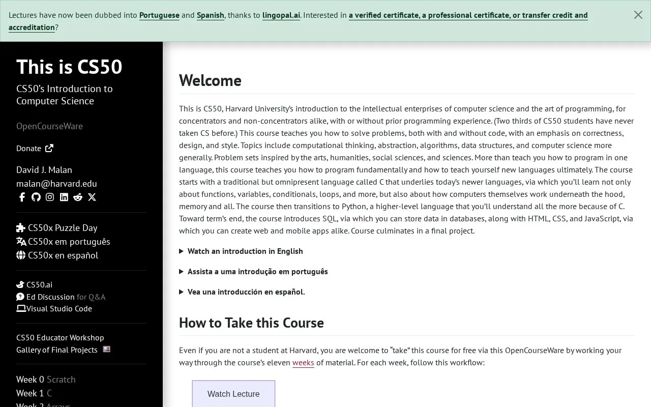 CS50 homepage screenshot