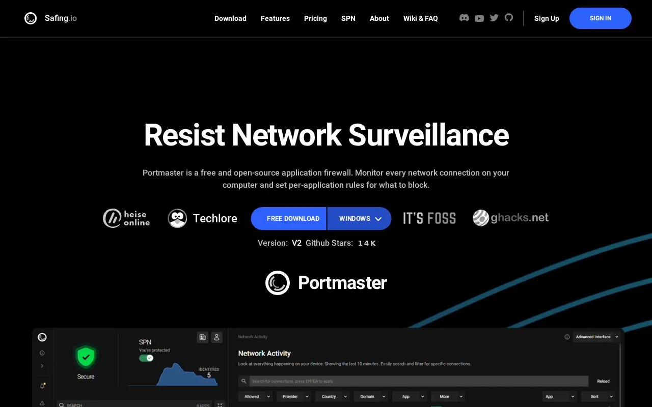Safing Portmaster homepage screenshot