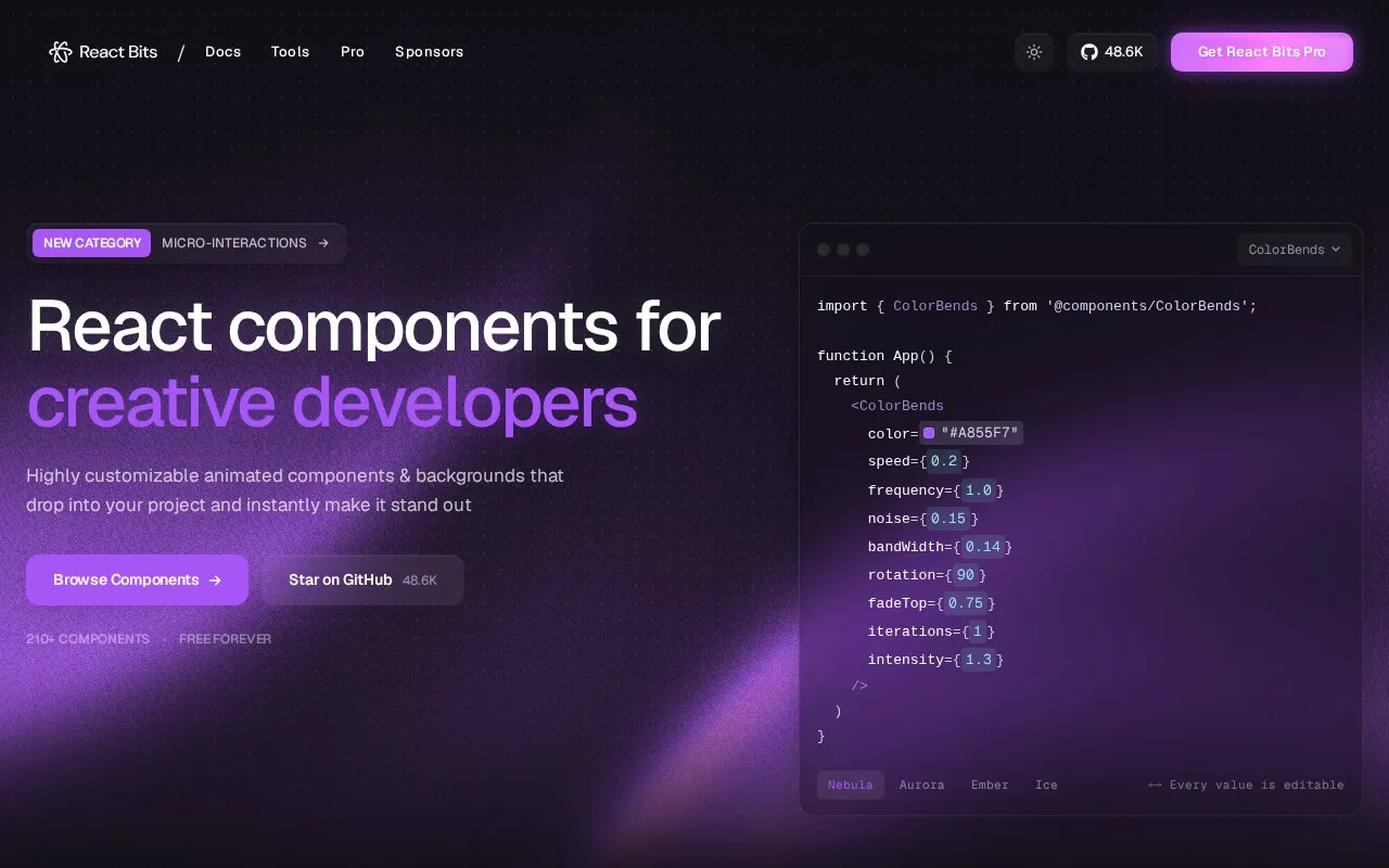 React Bits homepage screenshot