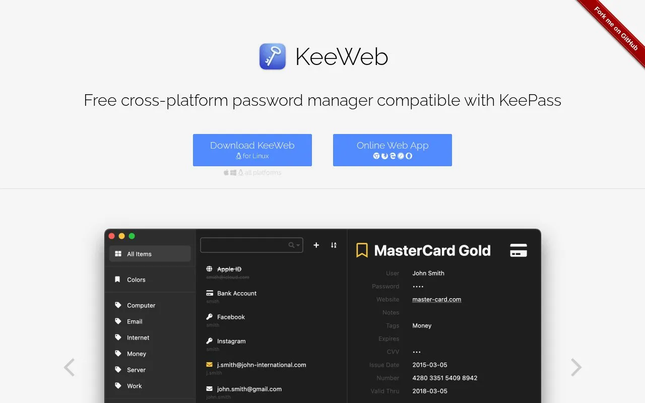 KeeWeb homepage screenshot