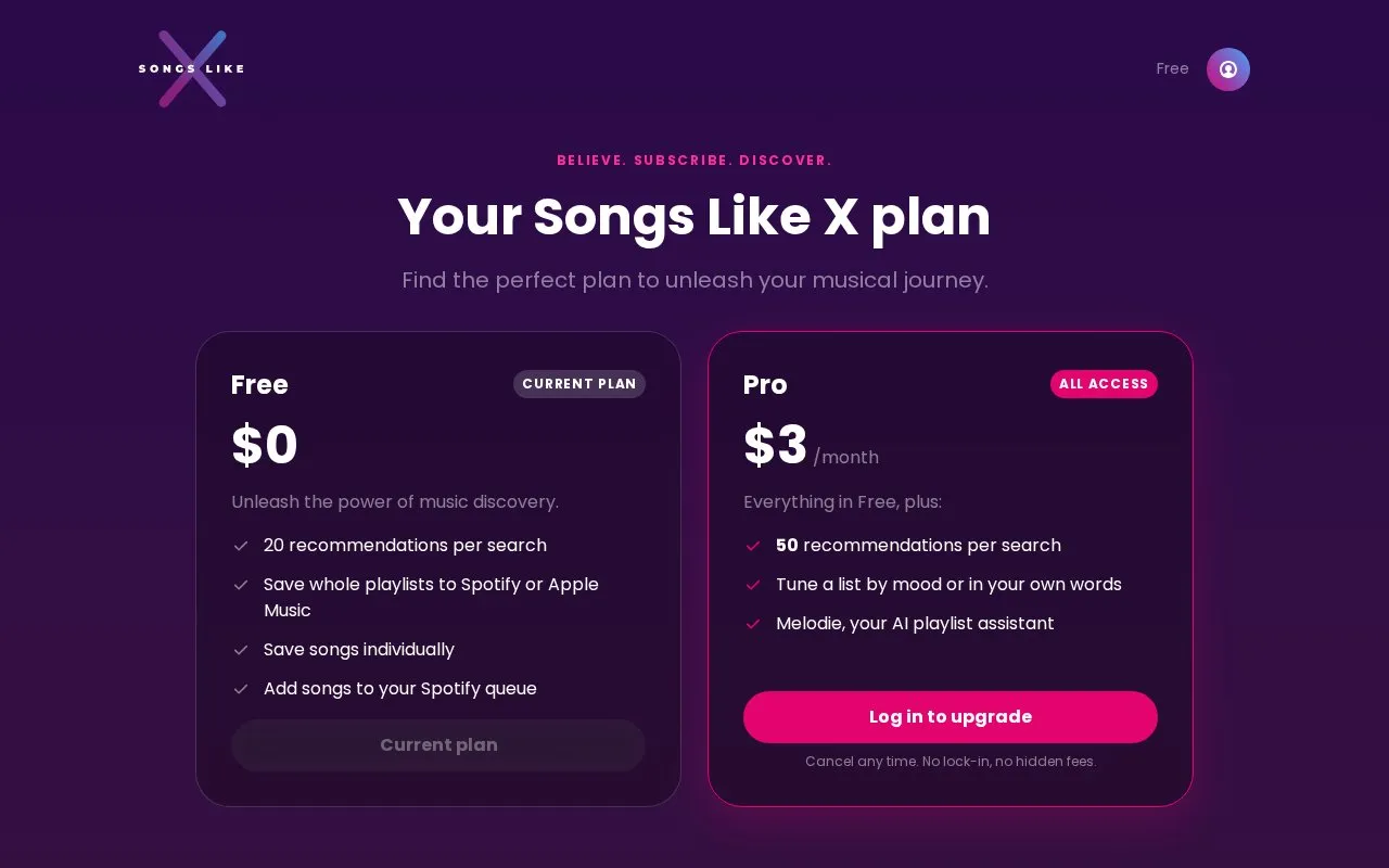 Songs Like X homepage screenshot
