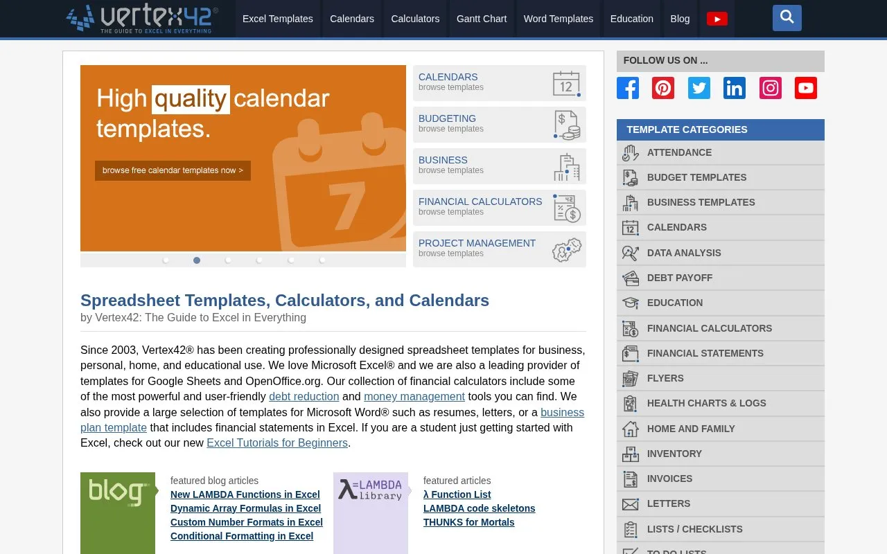 Vertex42 homepage screenshot