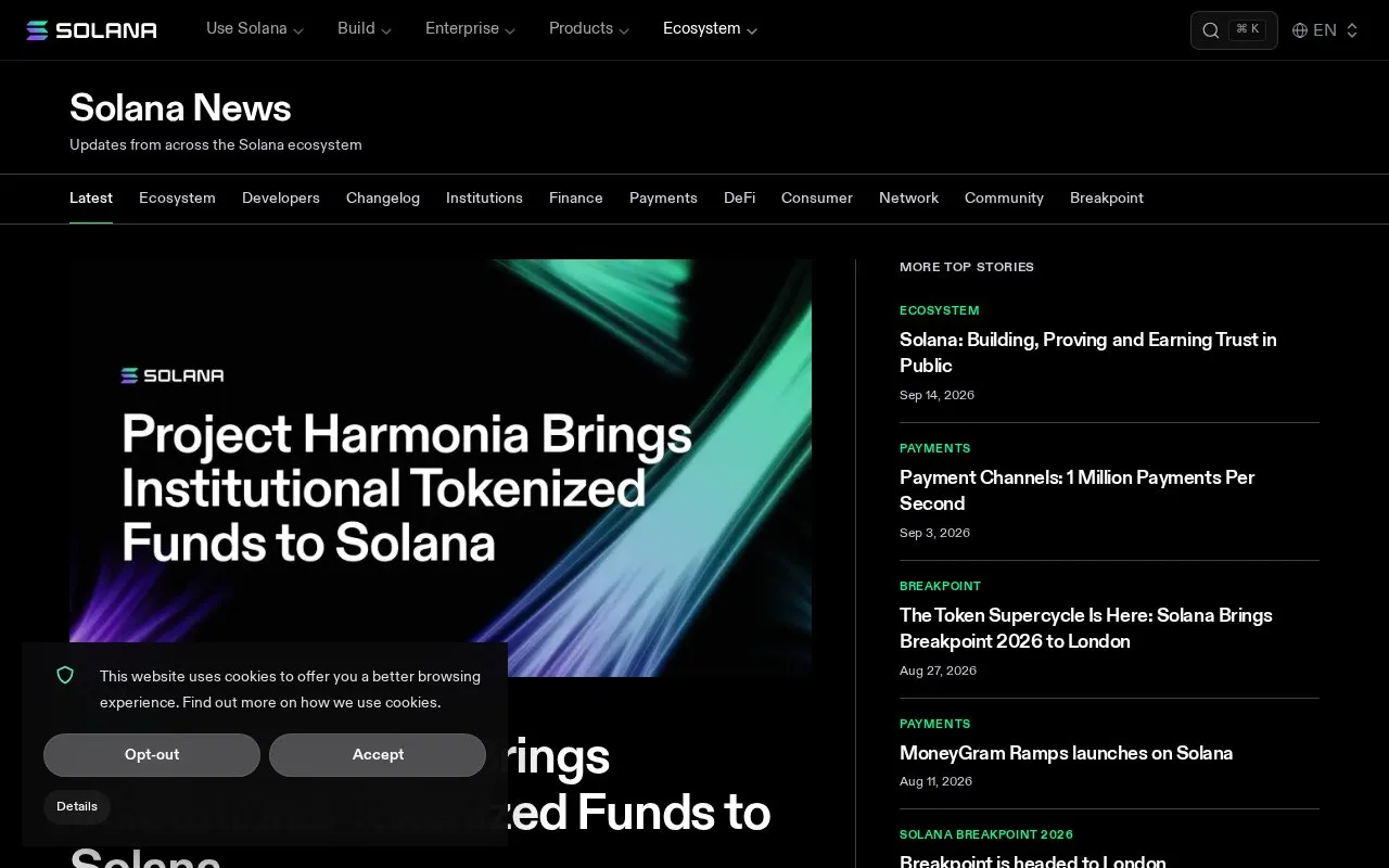 Solana News homepage screenshot