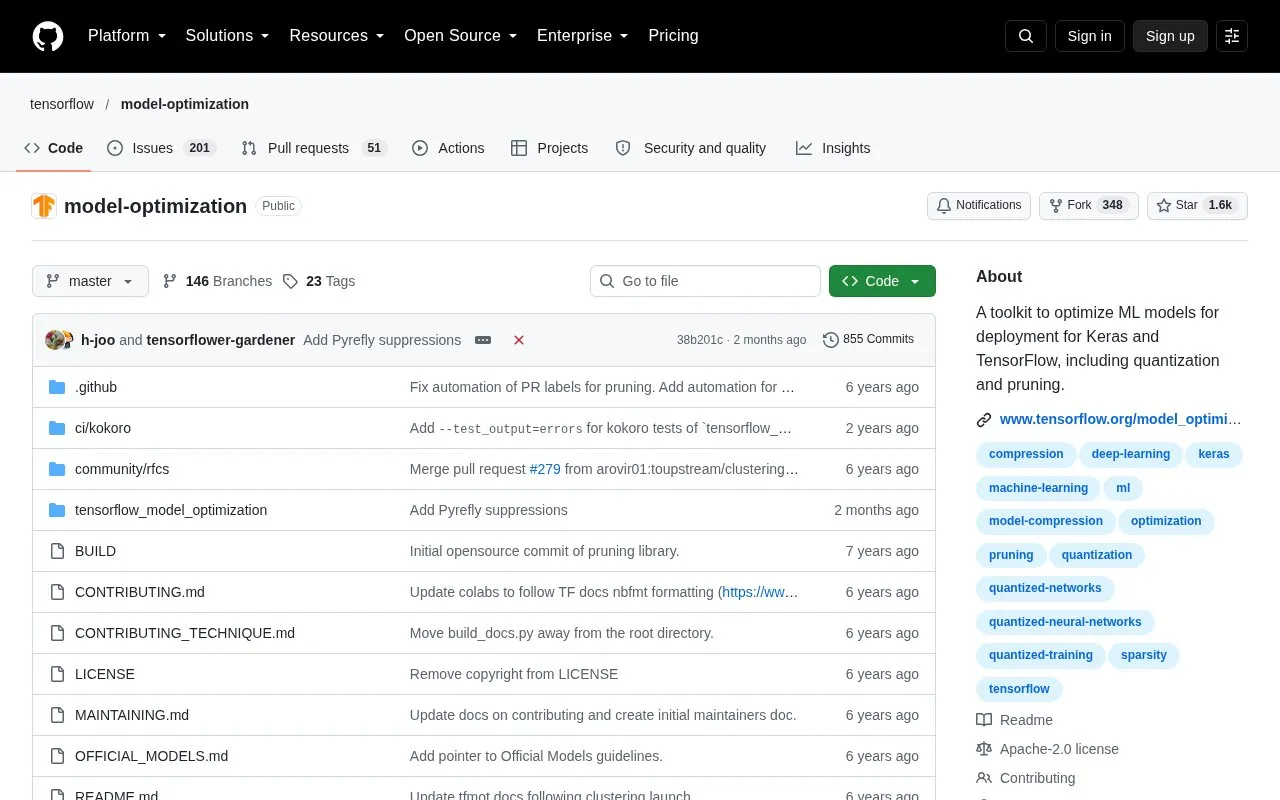 TensorFlow Model Optimization homepage screenshot