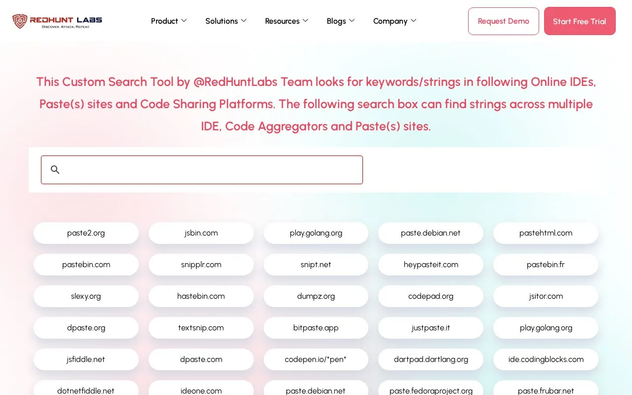 Online IDE and Paste Search Engine homepage screenshot