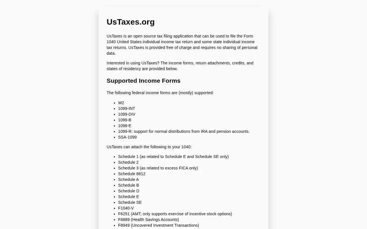US Taxes homepage screenshot