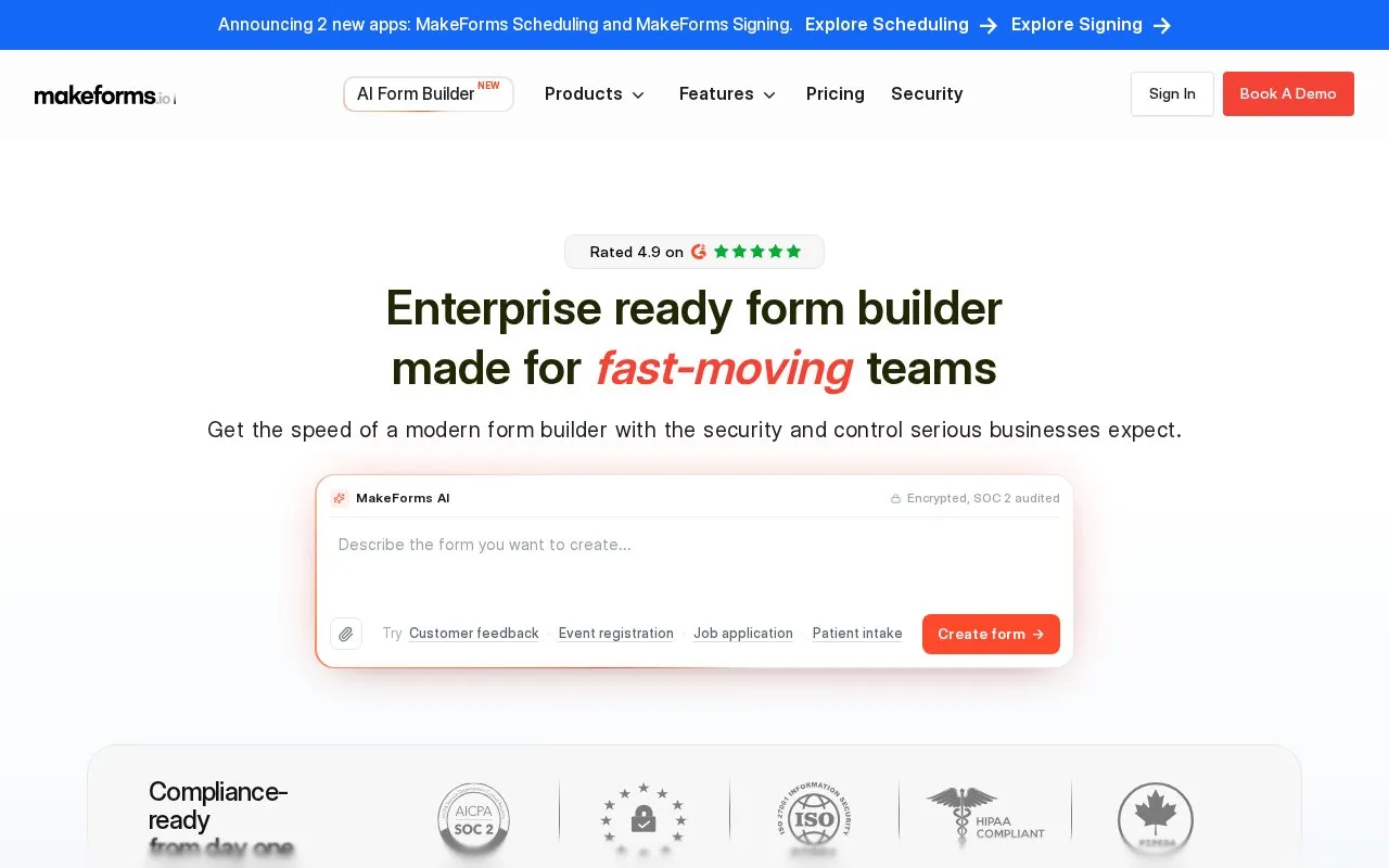 Makeforms homepage screenshot