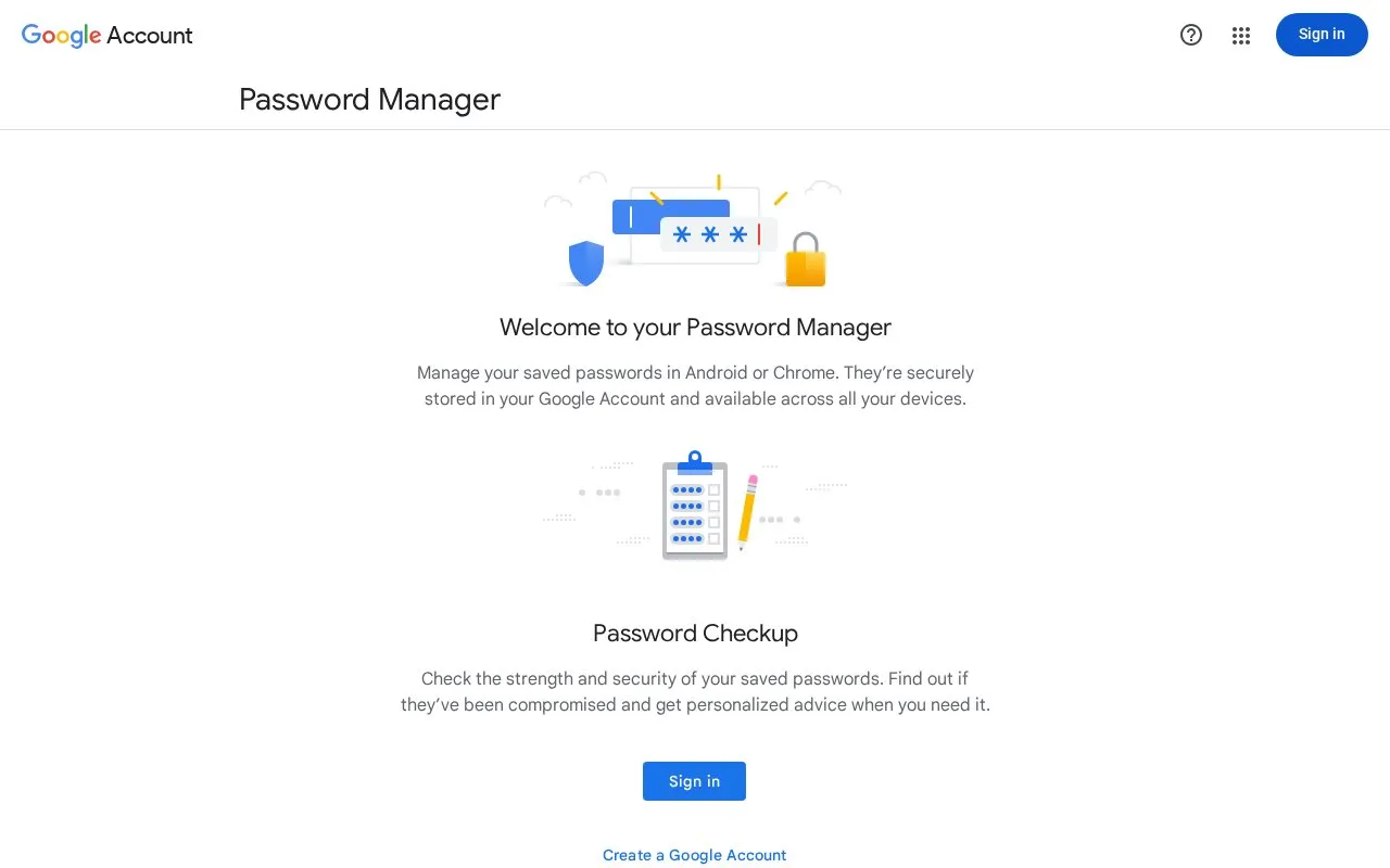 Google Password Manager homepage screenshot