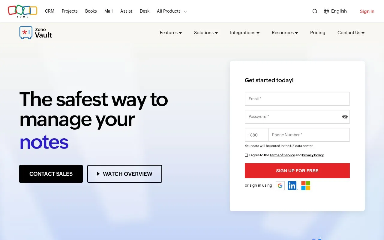 Zoho Vault homepage screenshot