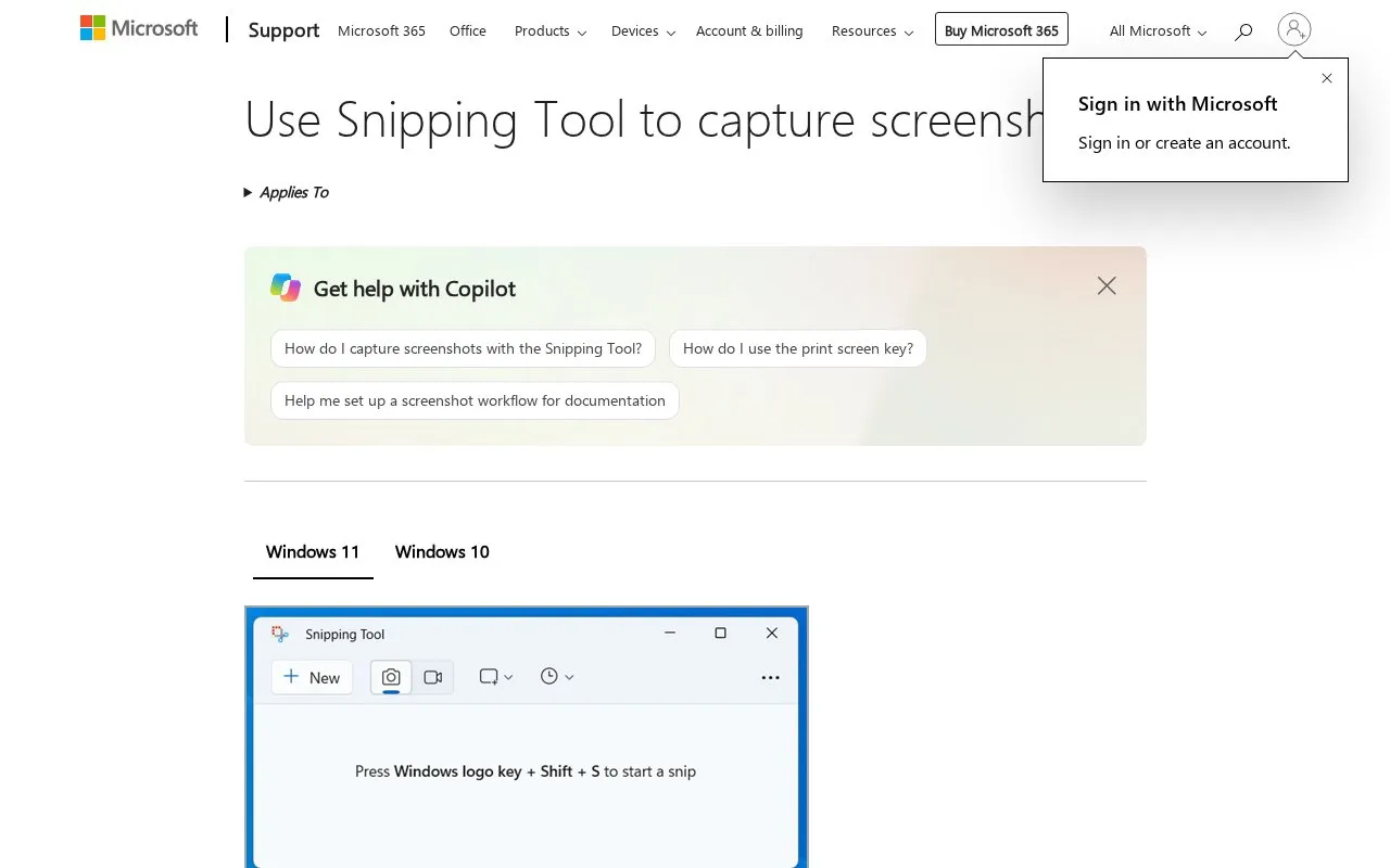 Windows Snipping Tool homepage screenshot