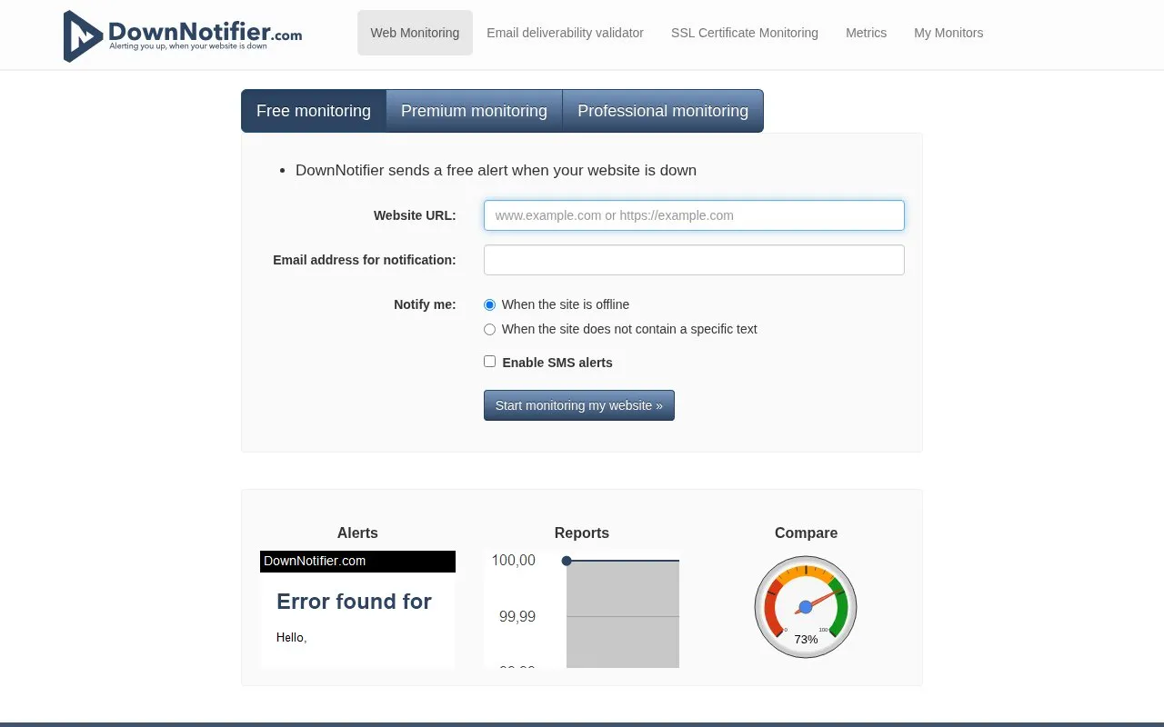 DownNotifier homepage screenshot