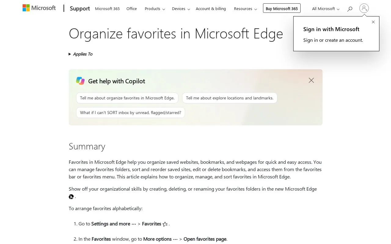 Microsoft Edge Favorites homepage screenshot