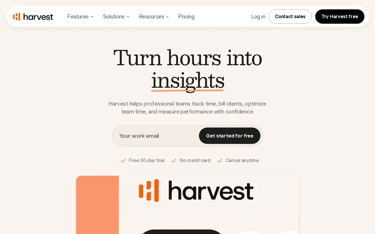 Harvest Time Tracking homepage screenshot